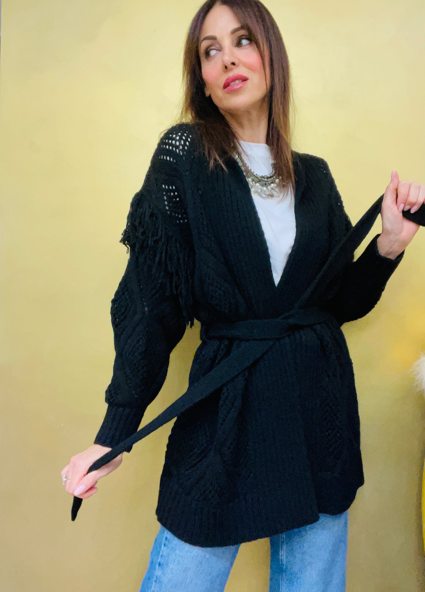 CARDIGAN TRAFORATO CON FRANGE