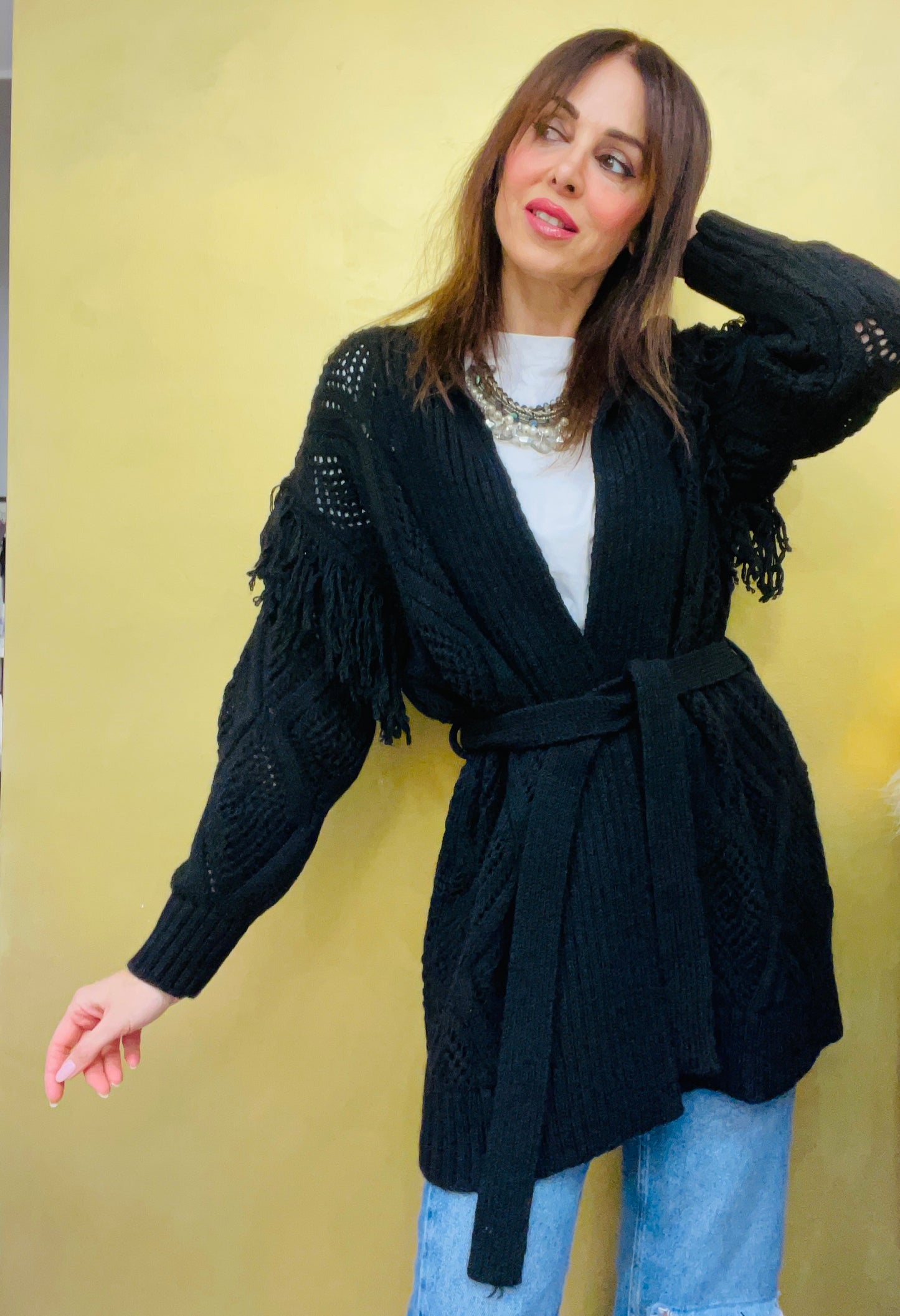 CARDIGAN TRAFORATO CON FRANGE
