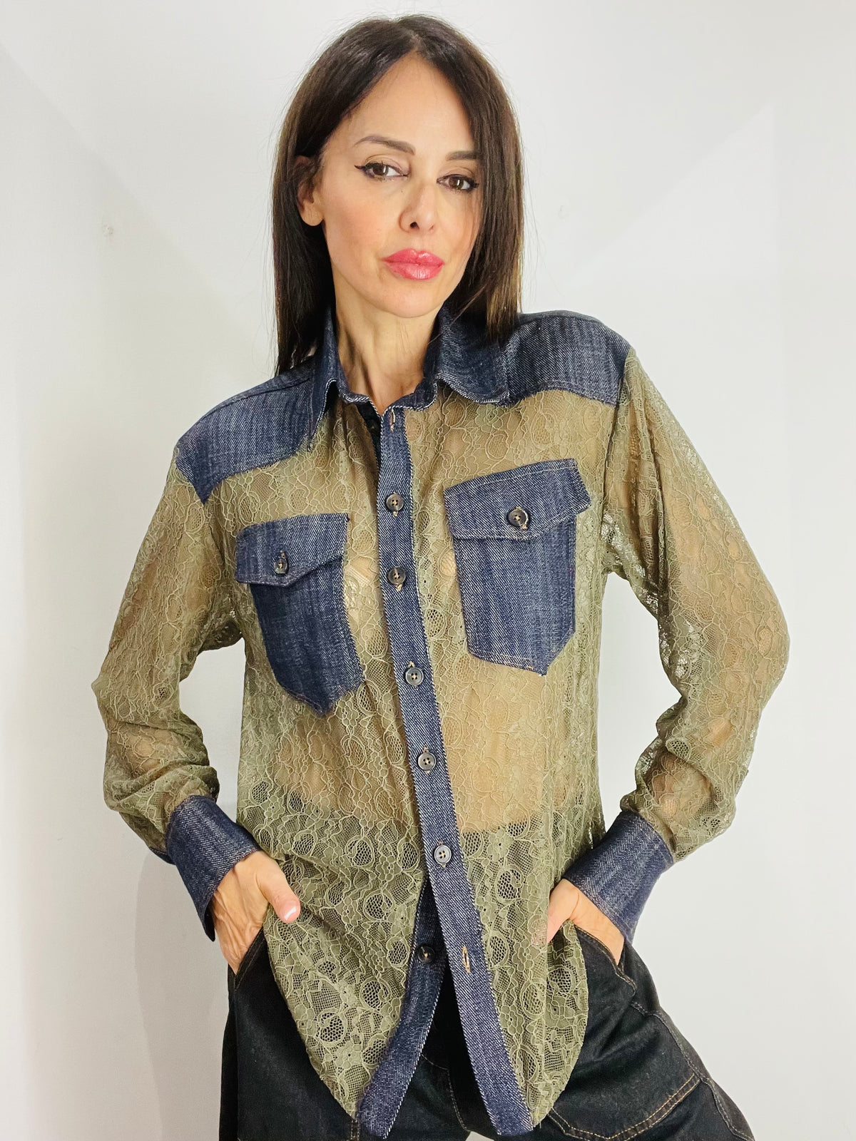CAMICIA IN DENIM E PIZZO