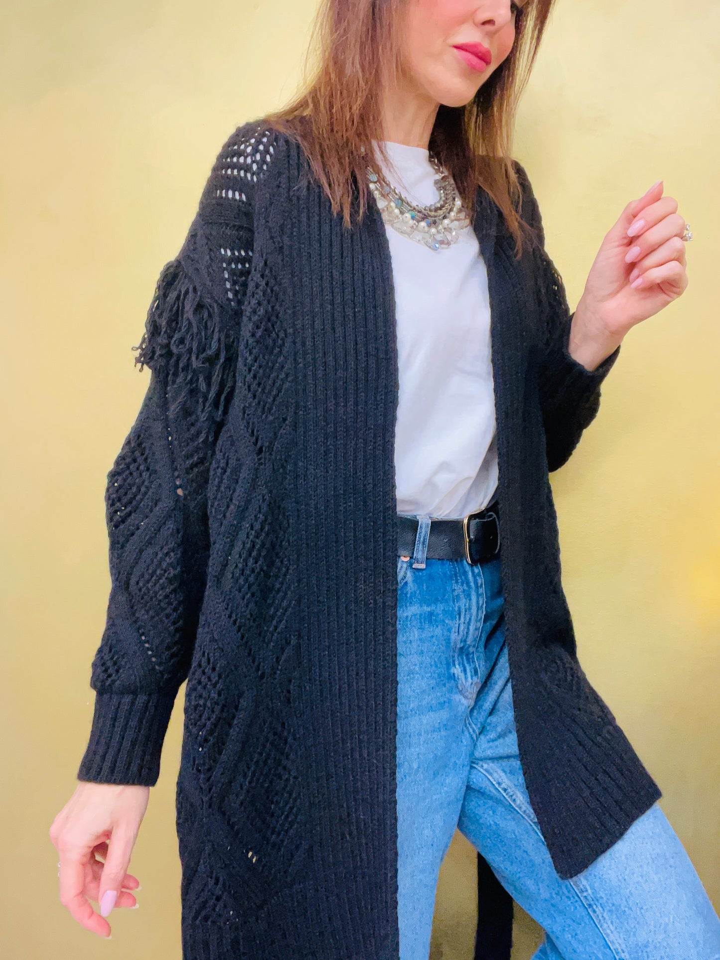 CARDIGAN TRAFORATO CON FRANGE