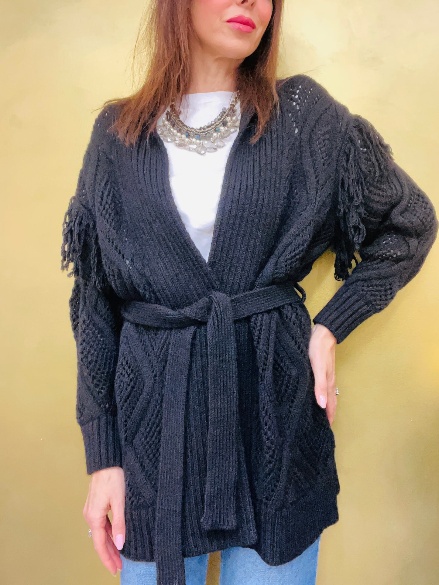 CARDIGAN TRAFORATO CON FRANGE