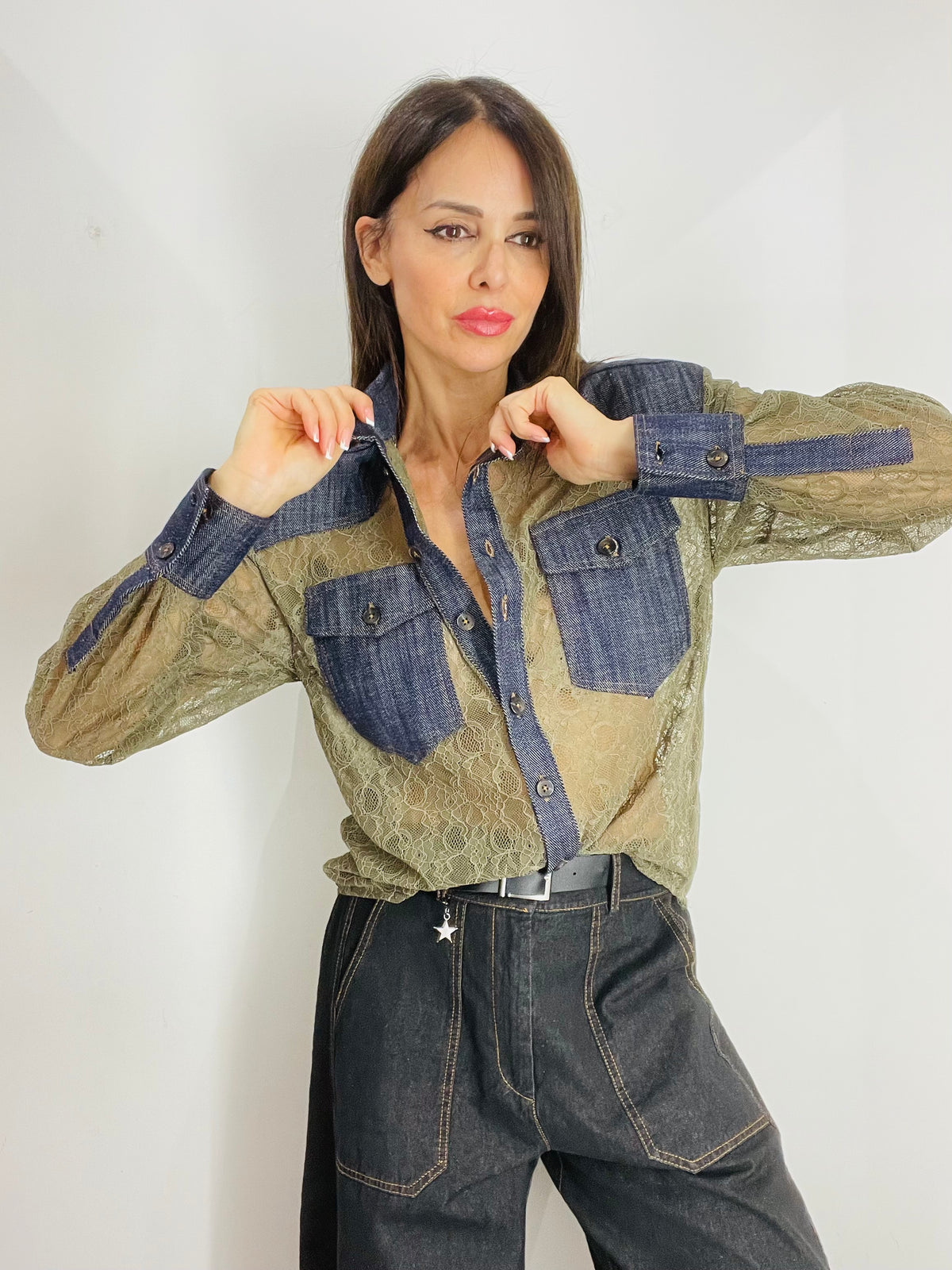 CAMICIA IN DENIM E PIZZO
