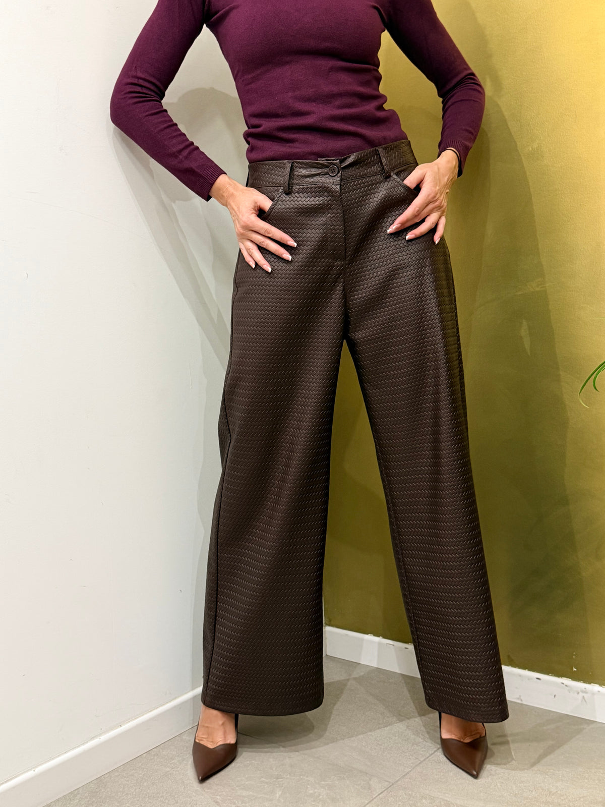 PANTALONE PALAZZO ECO PELLE INTRECCIATA